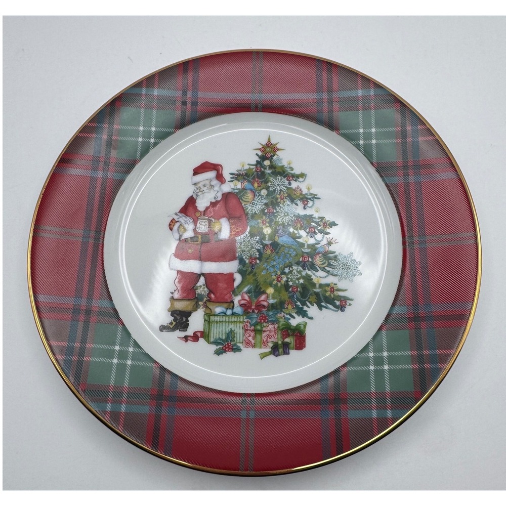 Williams Sonoma Salad Plate Set 4 Santa Tartan Plaid Christmas 8" Dessert Apps